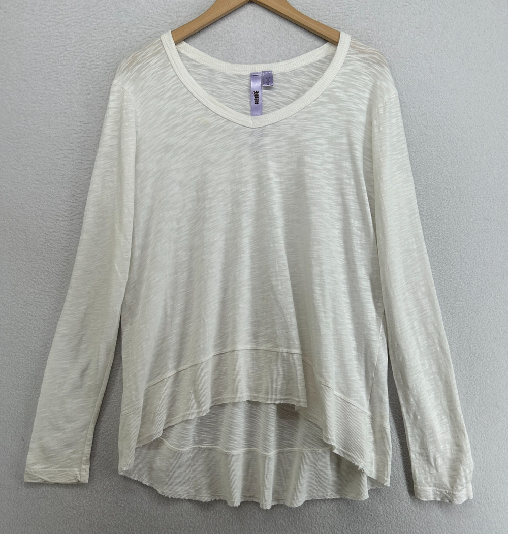 WILT Top Womens M Slub Jersey V-Neck Long Sleeve High Low White USA